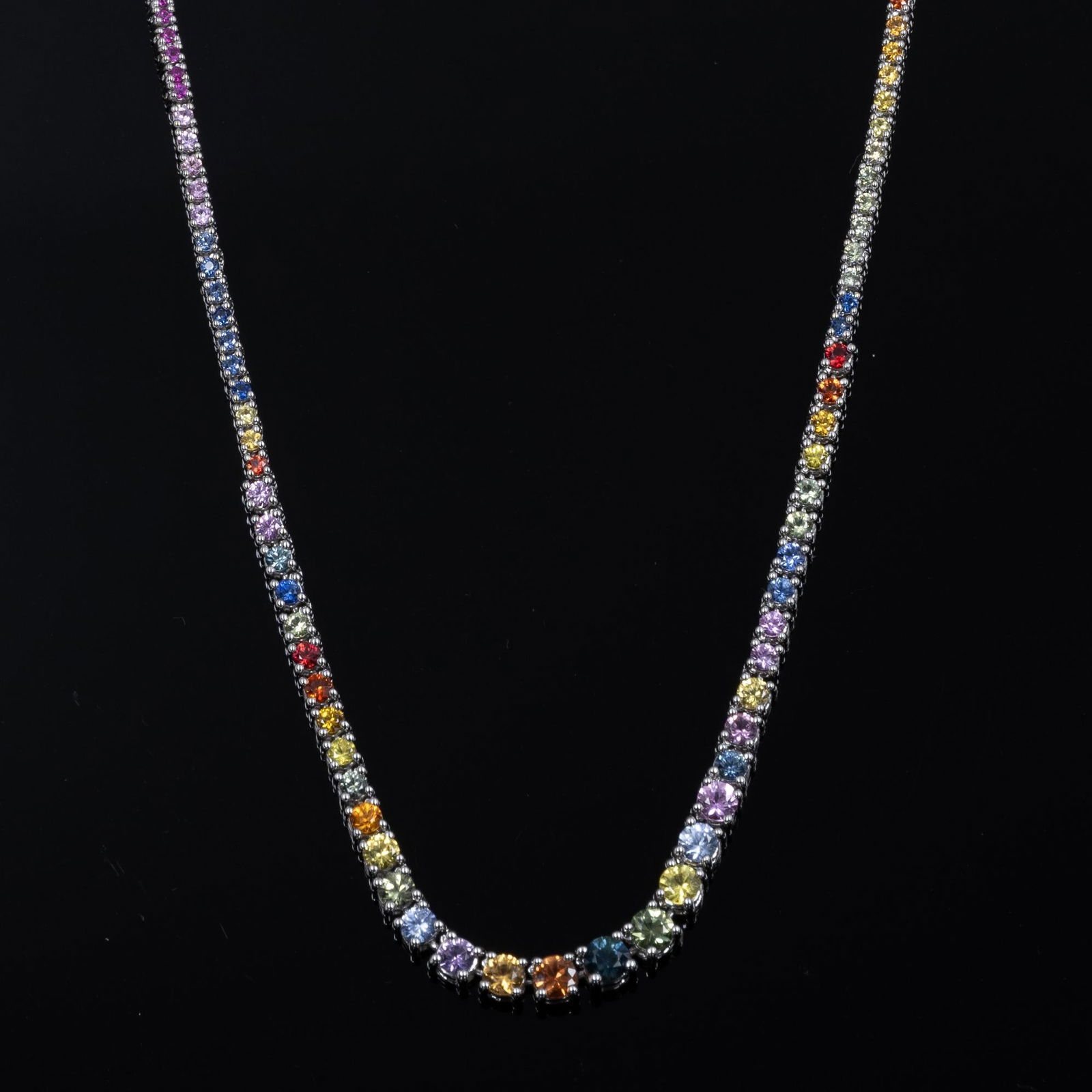 5.37ct Graduated Multicolor Rainbow Sapphire Riviera Tennis Necklace White Gold (1 of 5)