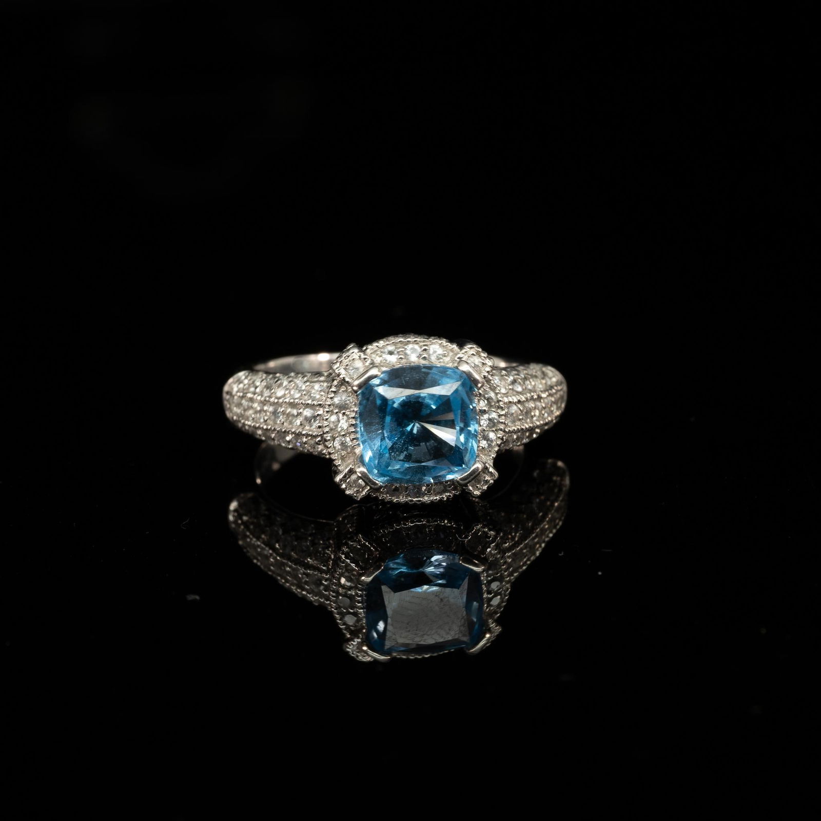 2.5ct Cushion Cut Swiss Blue & White Topaz Halo Ring in 14k White Gold (1 of 8)