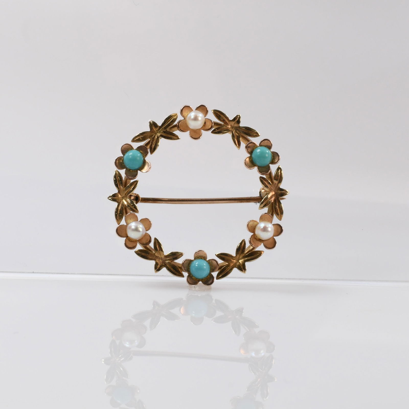 Vintage Turquoise and Pearl Flower Circle Brooch 9K Yellow Gold UK 1960 Hallmark (1 of 4)