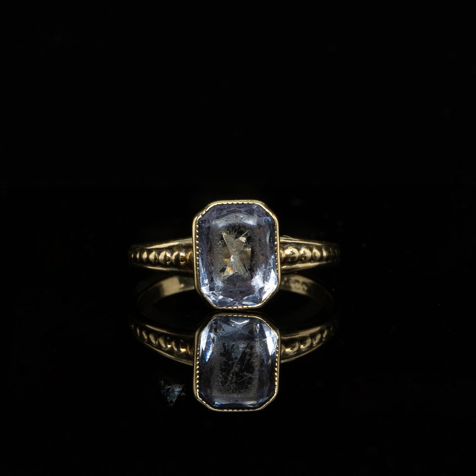 Vintage Blue Emerald Cut Gem Bezel Set Solitaire Yellow Gold Ring (1 of 7)