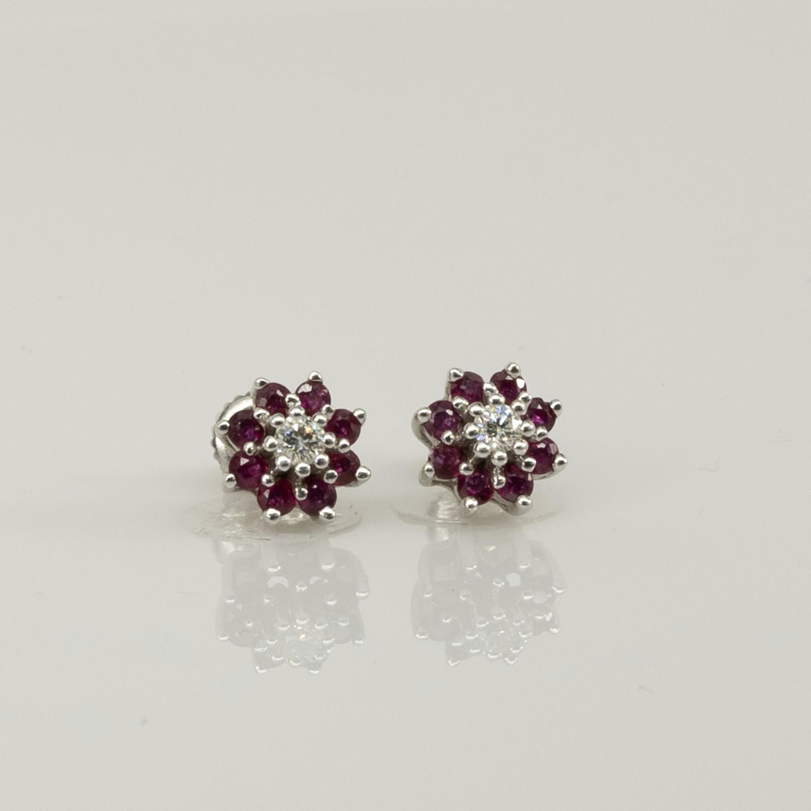 Ruby & Diamond Flower Cluster Crew Back 14k White Gold Stud Earrings (1 of 6)