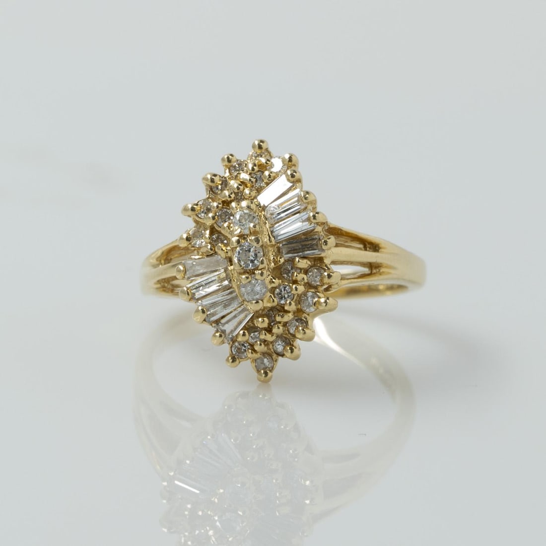 Round and Baguette Cut Diamond Cluster 14k Yellow Gold Ring (1 of 8)