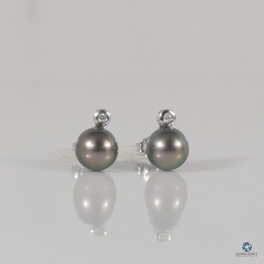 14K White Gold Black Pearl Earrings with Diamond Accents (1 of 7)