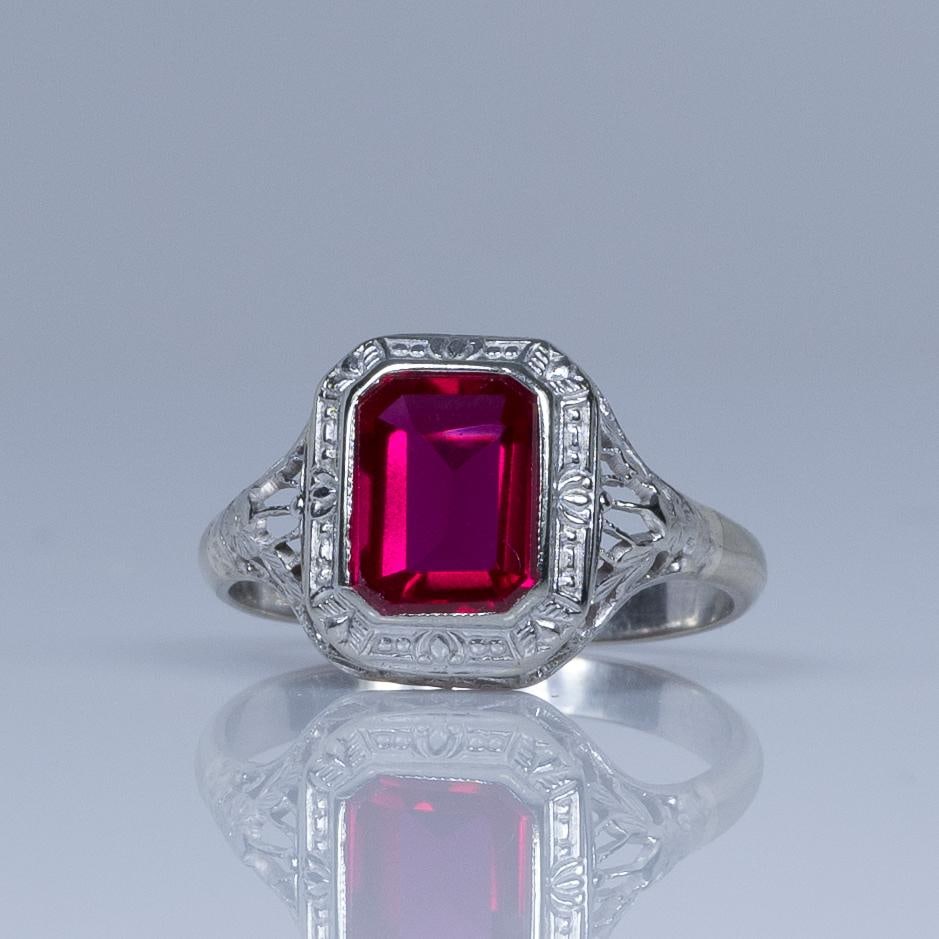Art Deco Filigree Emerald Cut Ruby 14k White Gold Ring (1 of 7)