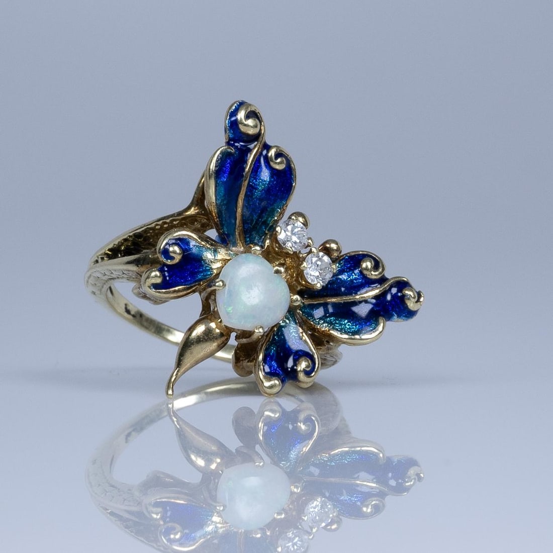 Blue Enamel Butterfly Ring w Opal & Diamonds in 14k Gold (1 of 6)