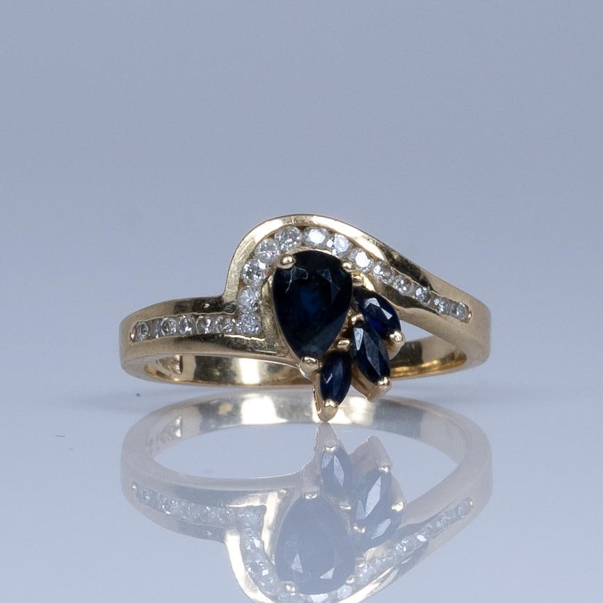 Blue Sapphire Pear and Diamond Ring in 14k Yellow Gold (1 of 9)