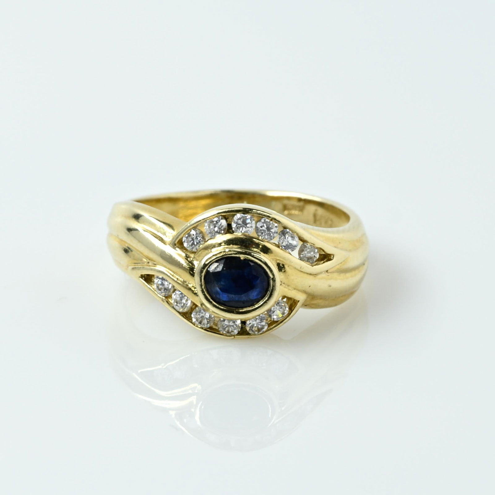 Oval Blue Sapphire & Diamond Bezel Set 14k Yellow Gold Ring (1 of 7)