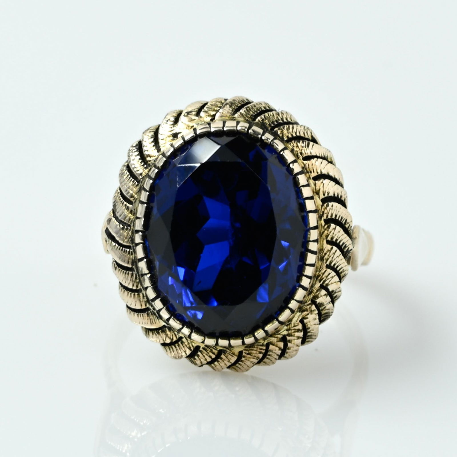 Vintage Blue Sapphire Oval Bezel Set Yellow Gold Ring (1 of 7)