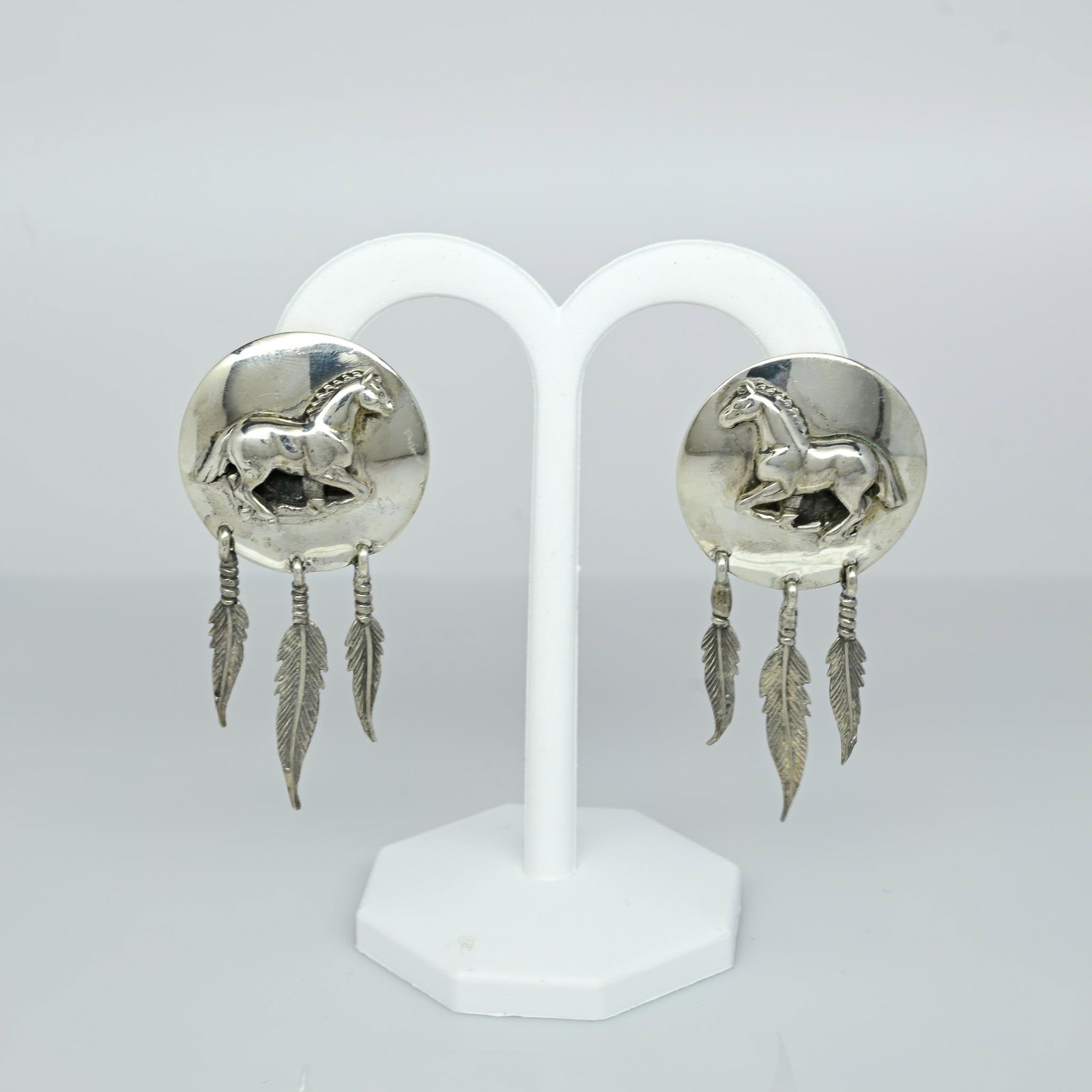 Horse Dreamcatcher Feather Dangle Earrings: Metal Type: Silver