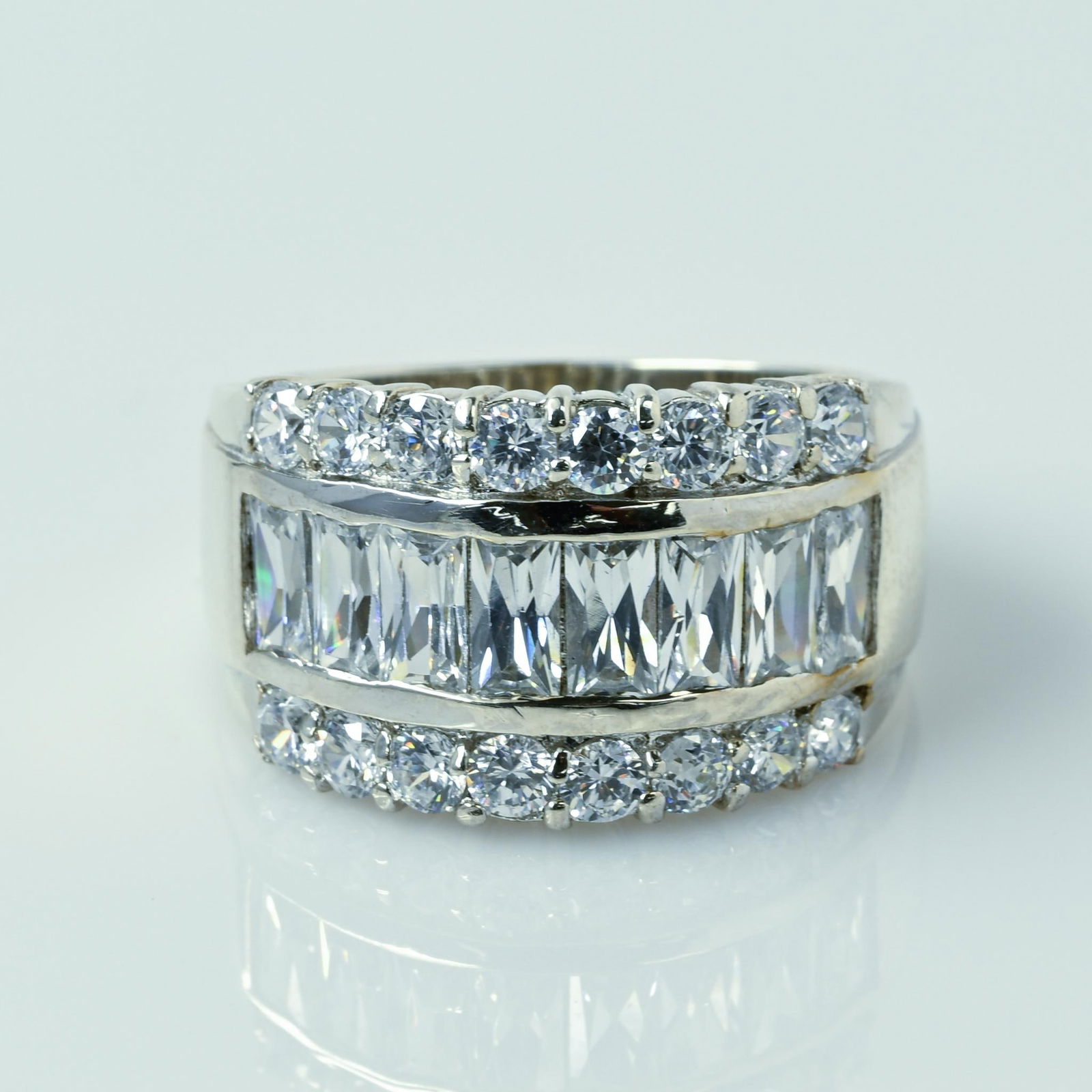 Three Row Band w "Criss Cut" and Round CZ Sterling Silver Ring (1 of 5)