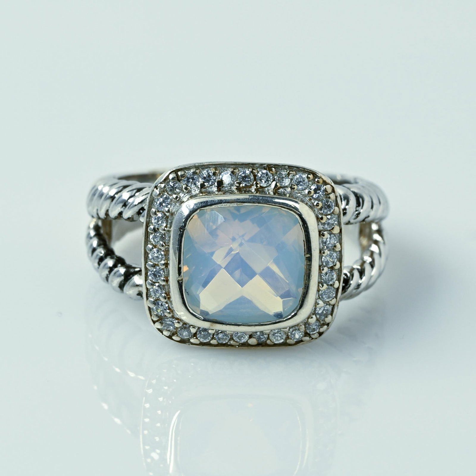 Faceted Rainbow Gemstone Halo Rope Spilt Shank Sterling Silver Ring (1 of 7)