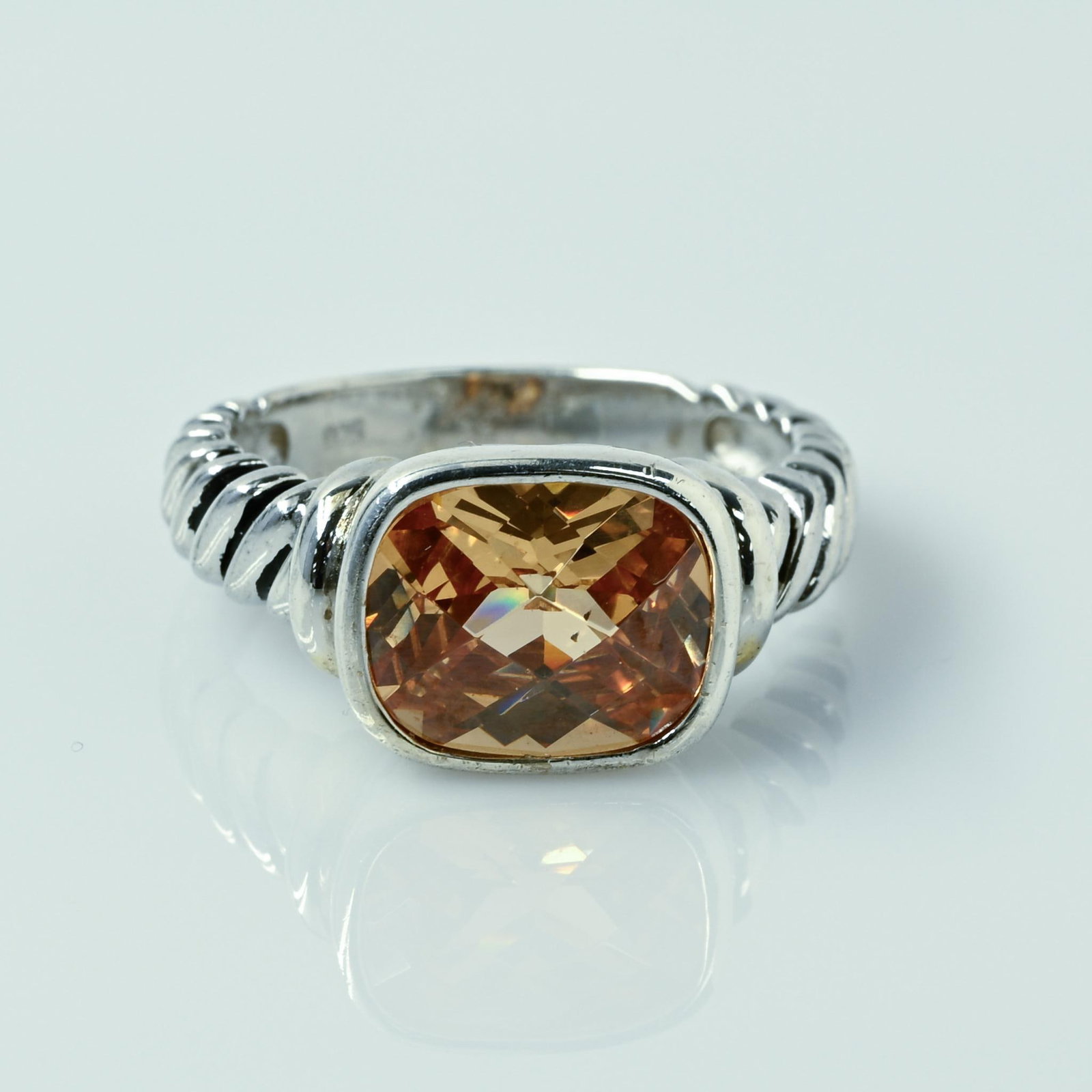 Faceted Orangy Yellow Gemstone Rope Motif Bezel Set Sterling Silver Ring: Size: 10 Metal Type: Silver