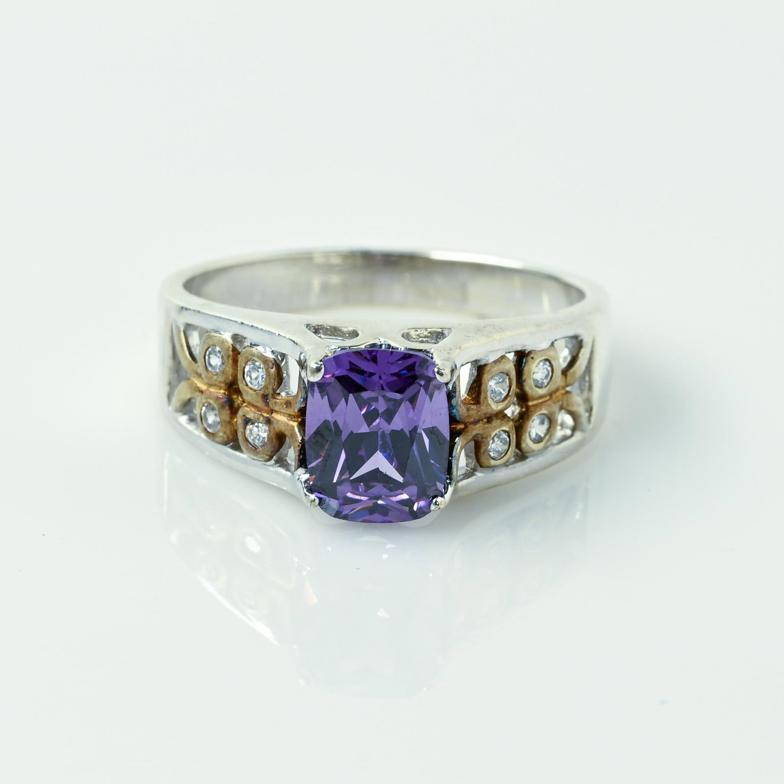 Purple Cushion Amethyst & Diamond Simulant Sterling Silver Ring: Size: 10 Metal Type: Sterli