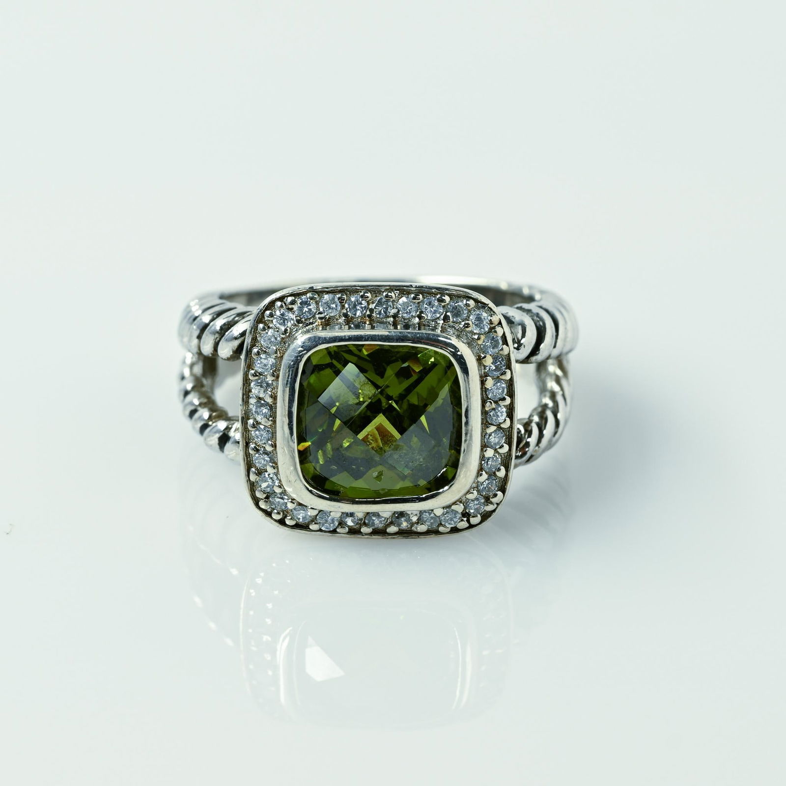 Peridot Simulant Cushion Gemstone Halo Rope Spilt Shank Sterling Silver Ring (1 of 6)