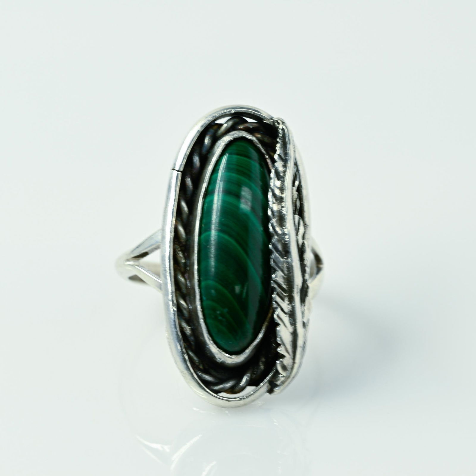 Oval Green Malachite and Feather Sterling Silver Ring (1 of 6)
