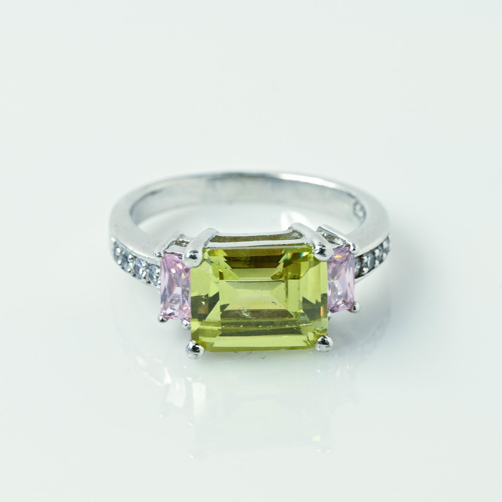 East-West Set Green and Pink Emerald Cut Gemstone Sterling Silver Ring (1 of 6)