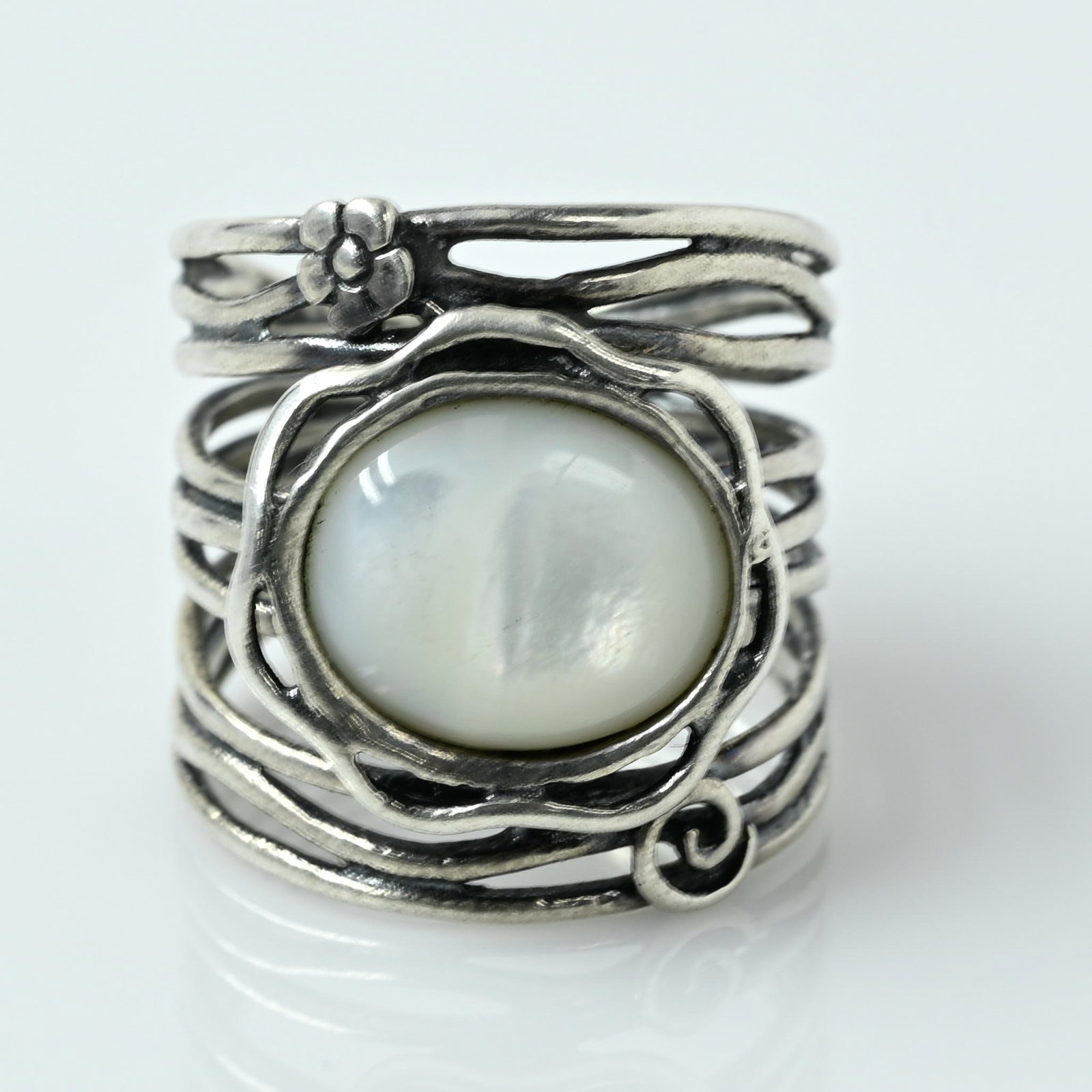 Mother of Pearl Flower Multi Band "Stacked" Sterling Silver Ring: Size: 7 Metal Type: Silver<