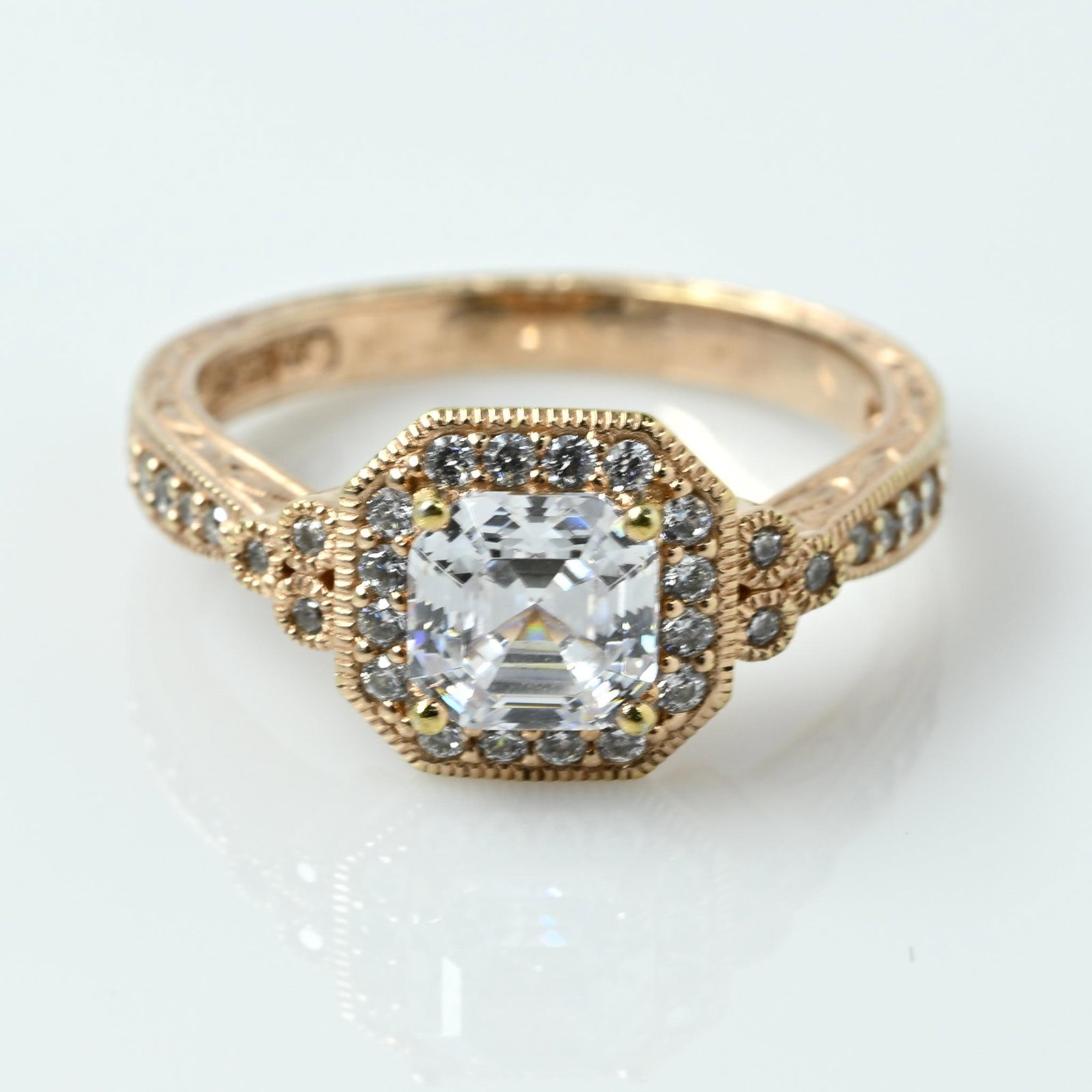Asscher Cut Halo CZ Rose Gold Over Sterling Silver Halo Engagement Ring: Size: 10.25 Metal Type: Sil