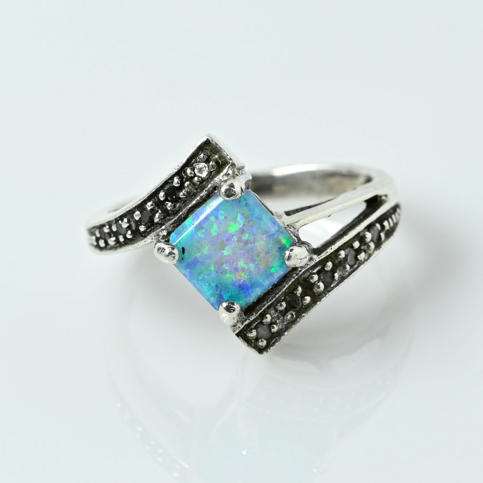 Opal & Diamond Bypass Sterling Silver Ring (1 of 7)