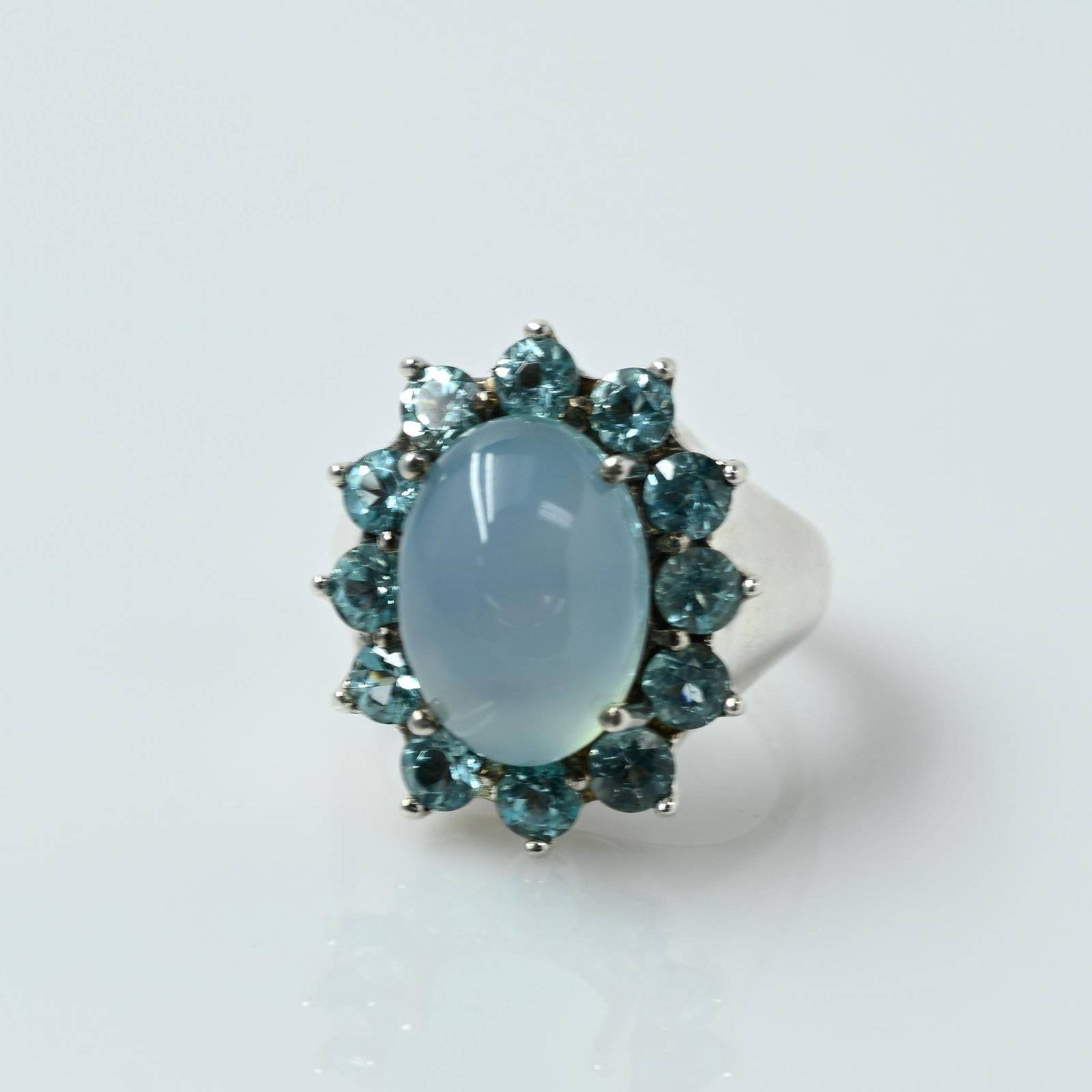 Blue Oval Teal Gemstone Halo Sterling Silver Ring: Size: 7.25 Metal Type: Ster