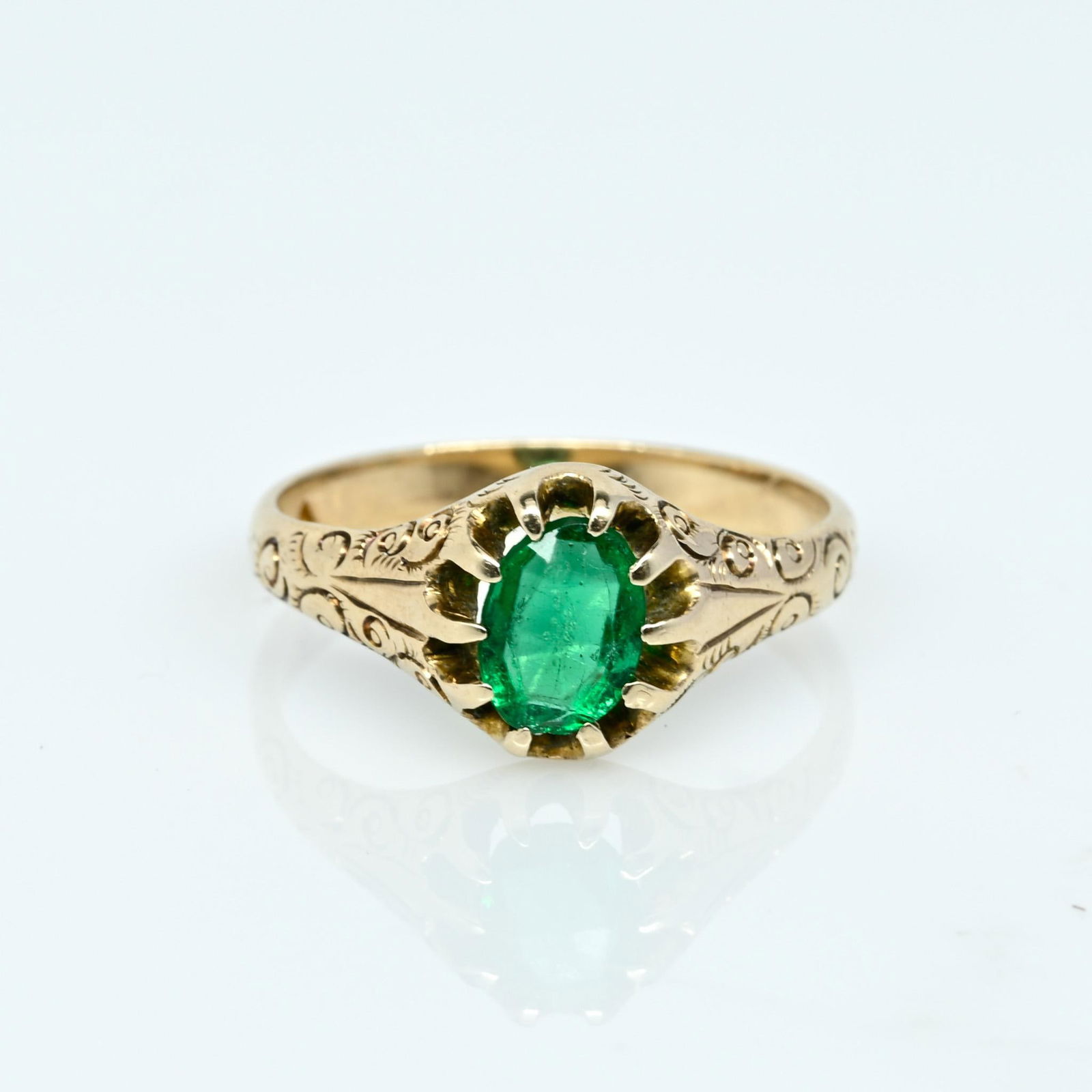 Victorian Green Glass Yellow Gold Solitaire Ring: Size: 7 Metal Type: 10K Yellow G