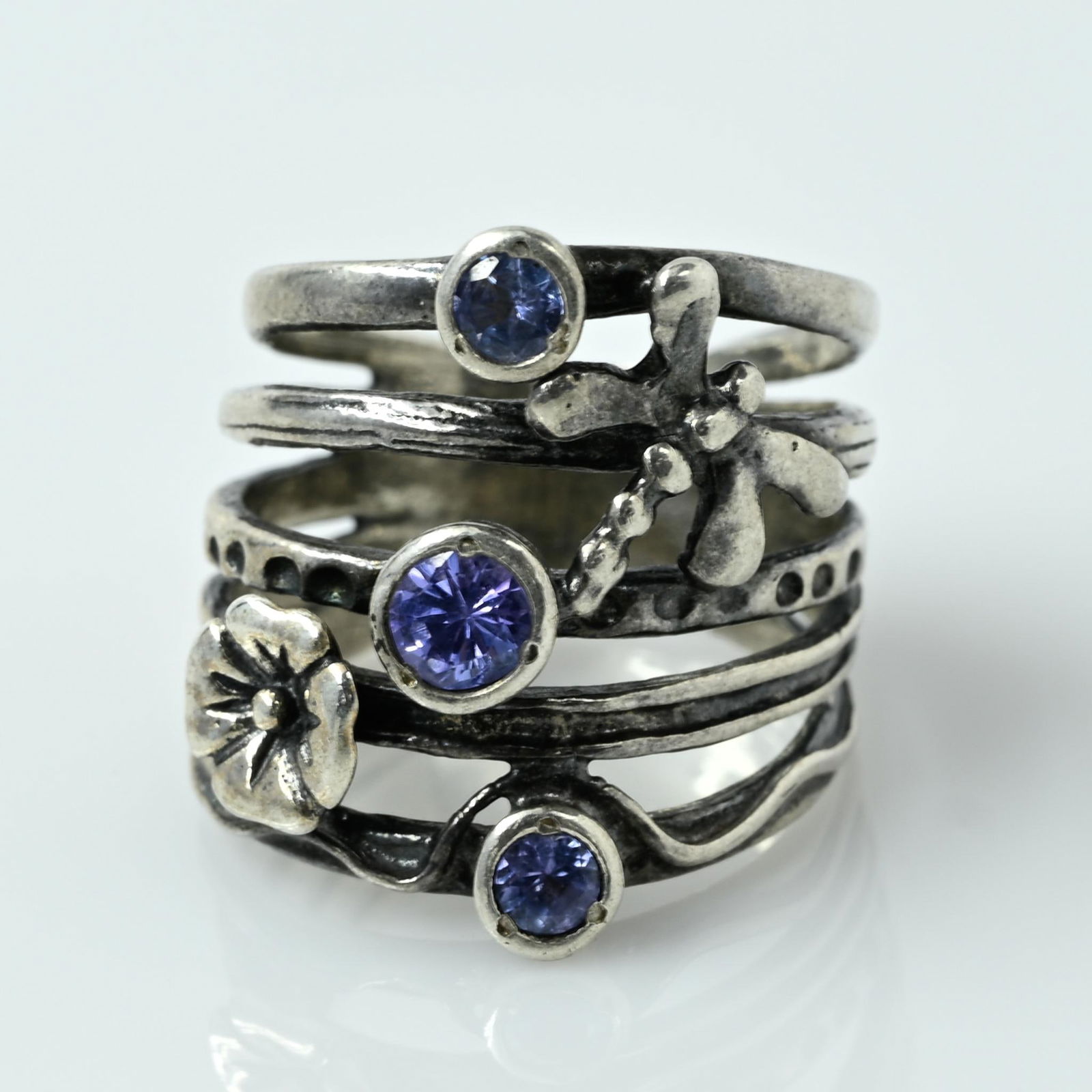Flower & Gemstone Multi Band "Stacked" Sterling Silver Ring (1 of 6)