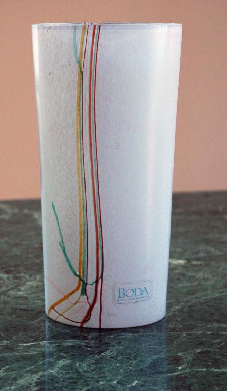 VALLIEN (SWEDISH) Art Glass Vase: BERTIL VALLIEN (SWEDISH B1938), "Vase", art glass, 7.25hx 3 5/8w x 2.75d in (18.4 x 9.2 x 7 cm), signed on the bottom and numbered 48227. Original Boda sticker affixed to the front.