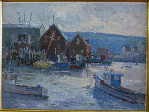 GRAVES (AMERICAN) Gloucester Harbor Oil: MICHAEL GRAVES (AMERICAN (Massachusetts) B1952), "Gloucester Harbor", oil on board, 8.75 x 11.5 in (22.2 x 29.2 cm), signed lower right. This is a double sided painting.