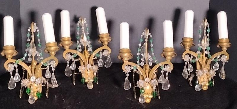 Four Bronze Electric Wall Sconces with Crystal Prisms, Porcelain Sockets and Candle Sleeves (1 of 11)