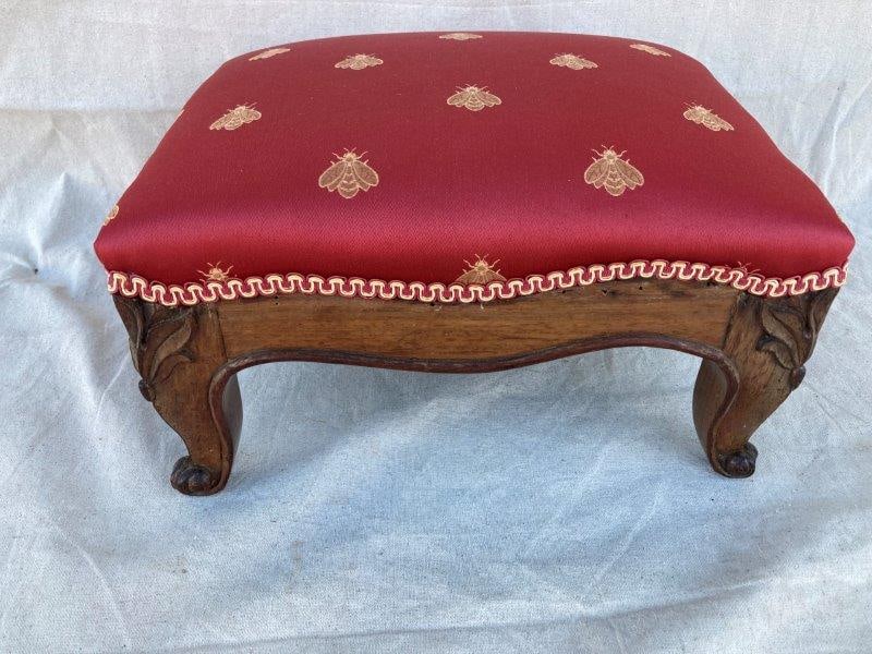 French Carved Wood Footstool with Napoleonic Fabric (1 of 7)