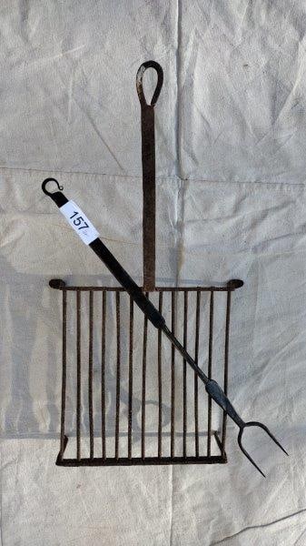 Antique Wrought Iron Square Trivet and Fork: 10 1/4" x 11" surface, 22" fork, shipping available