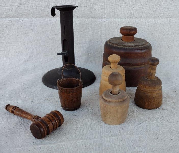 Group of Wooden Ware Butter Molds, Small Bucket, Gavel, and Hog Scraper Candlestick (1 of 8)