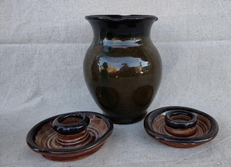 Pair of Pottery Candlesticks and Vase (1 of 6)
