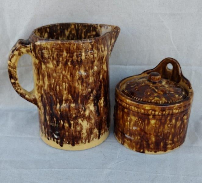 Peacock and Fountain Yellow Ware Pitcher and Covered Butter with Rockingham Glaze (1 of 16)