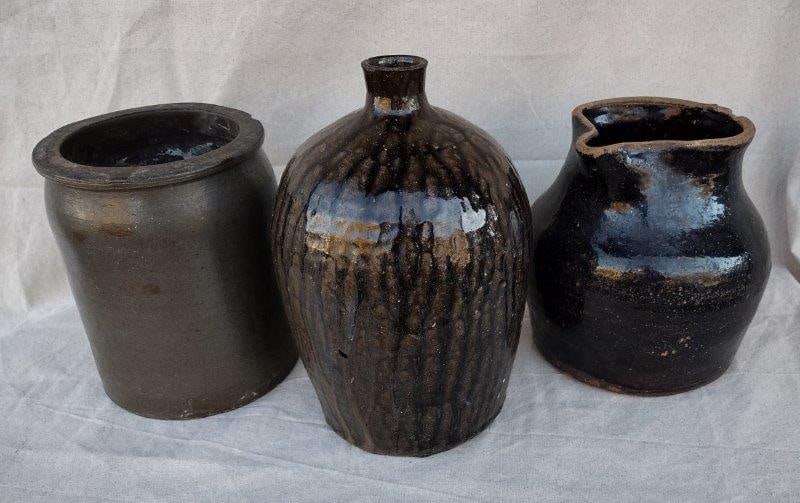 Tobacco Spit Jug, Salt Glaze Jar, and Clayton Pottery Pitcher (1 of 16)