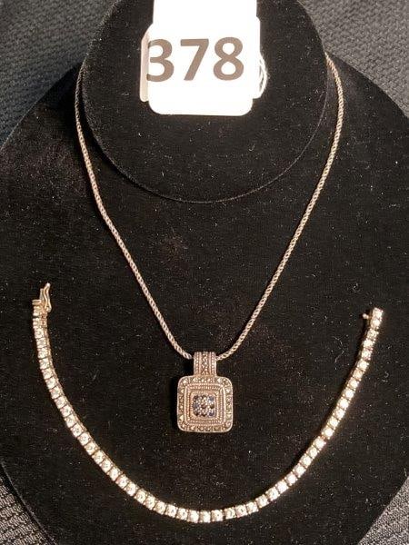 Sterling Silver Tennis Bracelet and Sterling Pendant on Chain: 7 1/2" long bracelet, 16" chain, shipping available