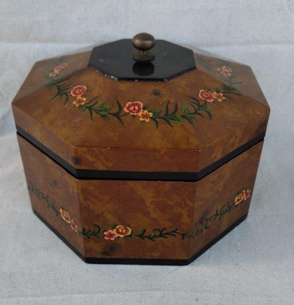 Octagon Shaped Decorated Lacquered Finish Covered Wooden Box (1 of 6)