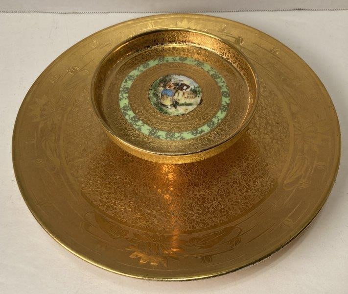 Osborne Gold Encrusted Two-tier Server: With hand colored scenic transfers interior and exterior. Encrusted in 22k gold. Stamped on bottom. Measures 2 1/4"T x 9 1/2" diameter. In good condition. Shipping Available.