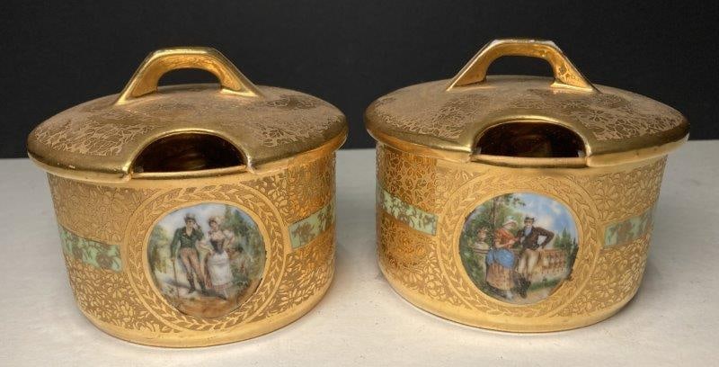 Pair of Osborne Gold Encrusted Jam Jars: With hand colored scenic transfers interior and exterior. Encrusted in 22k gold. Stamped on bottom. Each measures 3 1/2"T x 4 1/4" diameter. In good condition. Shipping Available.