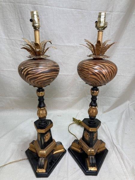 Pair of Frederick Cooper Lamps: Wood and Tole in alter stick form. With painted faux fur and golden accents. Measures 32"T x 9"W at base. With wear to finish. Please refer to photos. Shipping Available.
