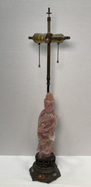 Carved Chinese Rose Quartz Figural Lamp (1 of 19)