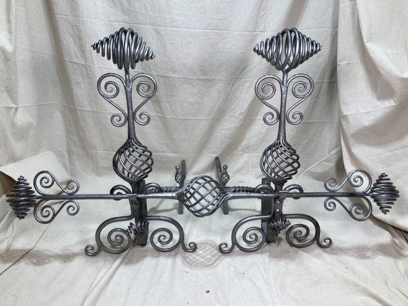 Pair of Impressive Wrought Iron Andirons With Twists and Open Spirals (1 of 11)