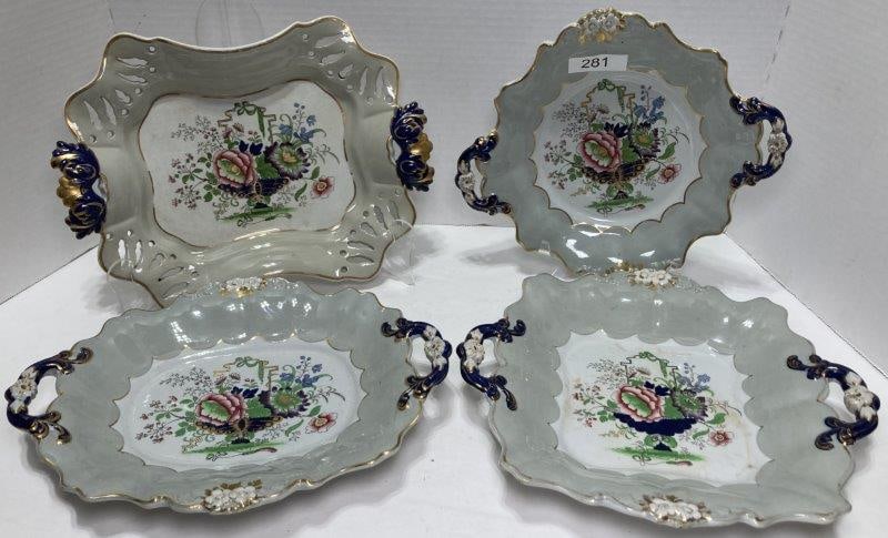 Four Pieces Decorated Ironstone: Hand decorated transferware with one reticulated. In good condition and with normal wear. Shipping Available.