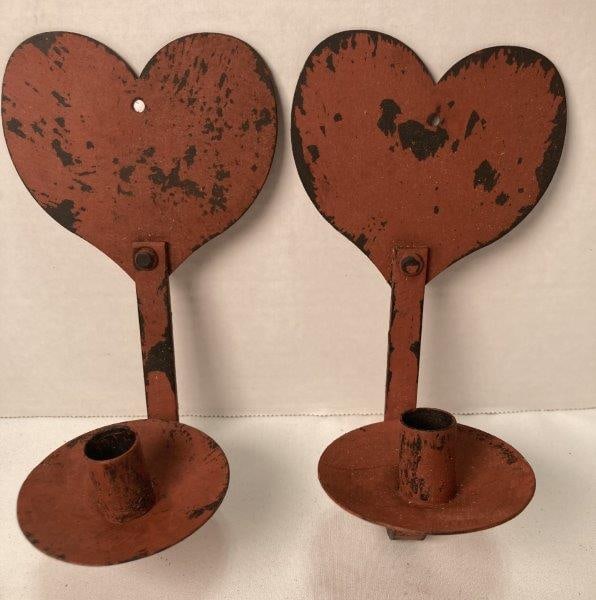 Red Heart Candle Sconces: With red worn to black paint. Measures 7 1/4"T x 4"W x 3 1/2"D. In good condition. Shipping Available.