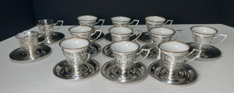Ten Sterling Silver and Porcelain Demitasse Cups & Saucers (1 of 10)
