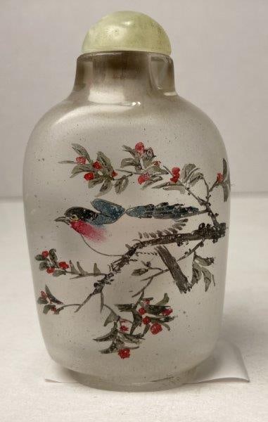 Chinese Snuff Bottle: Double side reverse painted with bird and tree theme. Measures 3"T. With wear to paint. Snuff stick has separation. Please refer to photos. Shipping Available.
