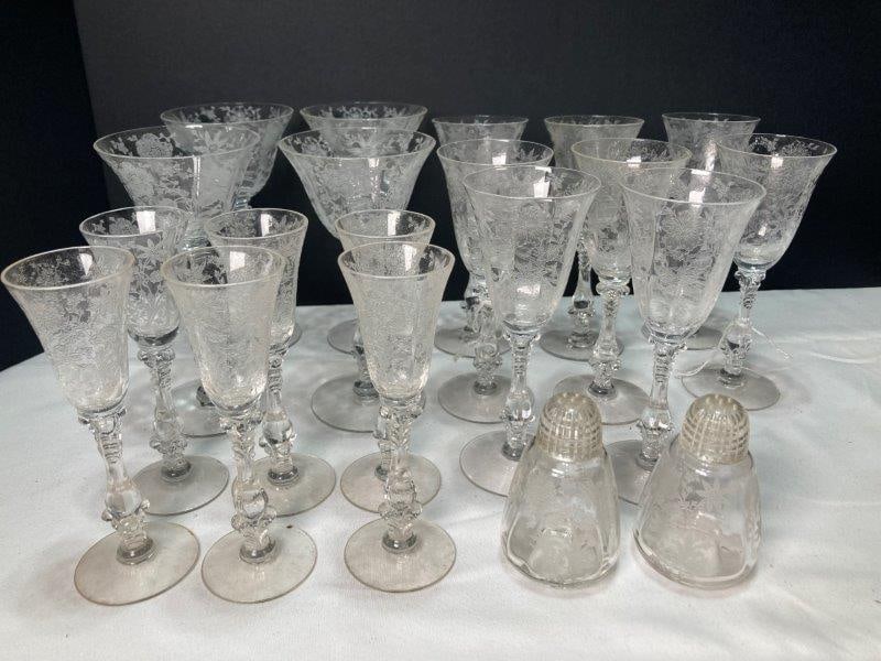 Cambridge "Wildflower" Group, Circa 1939-1958: Includes eight carat wine glasses, four liqueur cocktails, six cordial glasses, salt and pepper shaker. Various measurements. In good condition with light wear appropriate to age and use. Please refer