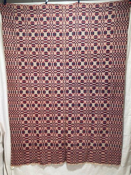 Red, White and Blue Color Overshot Coverlet: Measures 90" x 69 1/2". In good condition. Shipping available.