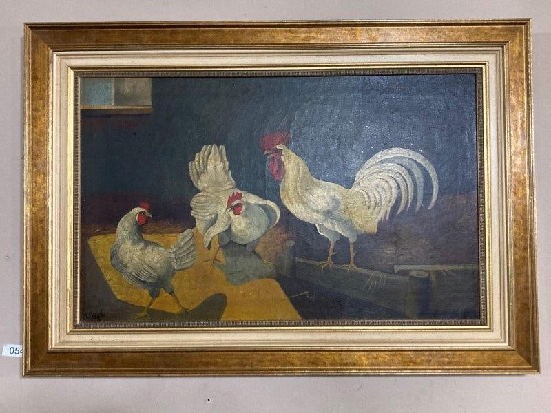 Rooster and Two Hens By G. Siegel Oil on Canvas (1 of 5)