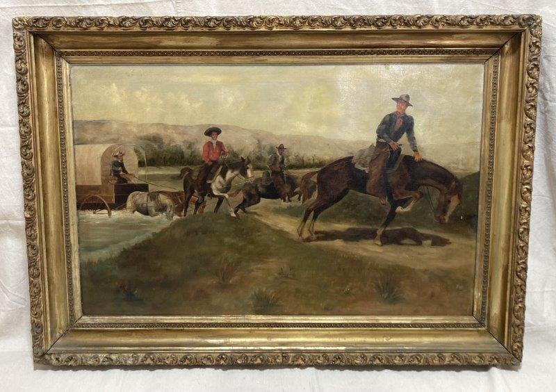 American School Western Scene: Oil on canvas depicting three cowboys on horseback leading a covered wagon across a river with a background of mountains. No visible signature. Ornate frame with gold gilt. Frame measures 32 1/4"T x 4